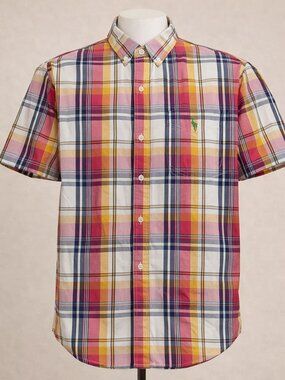 U.S. Polo Assn. Button Up Short Sleeve Shirt Classic, Large! Pink/Orange/White